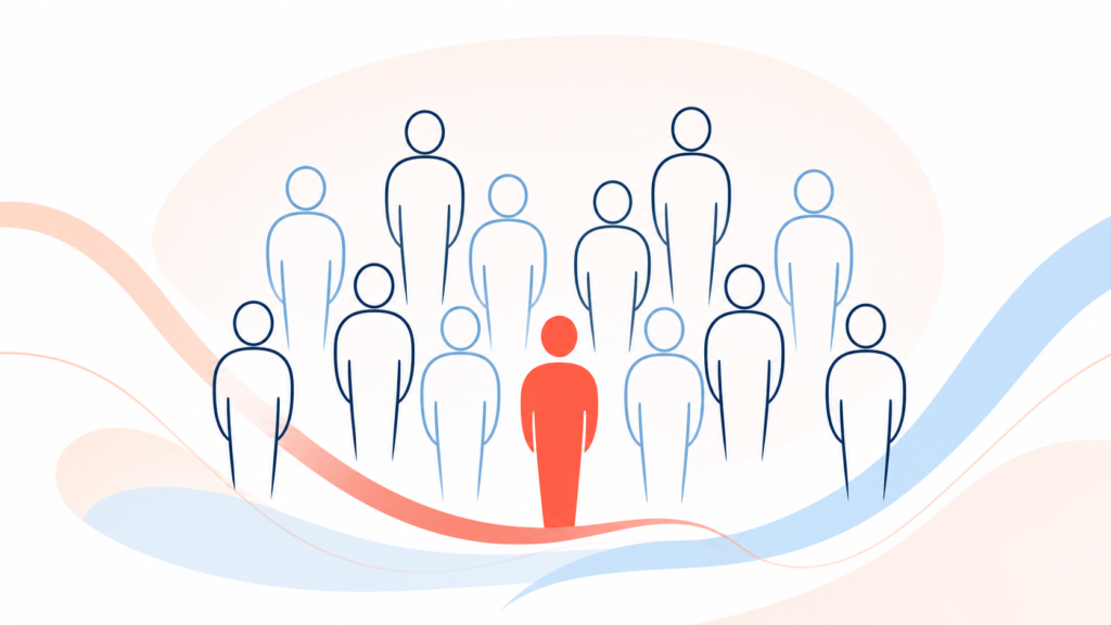Thirteen abstract human figures, with one highlighted in coral, representing that approximately one in 13 people experienced domestic abuse in England and Wales in the year ending March 2025.